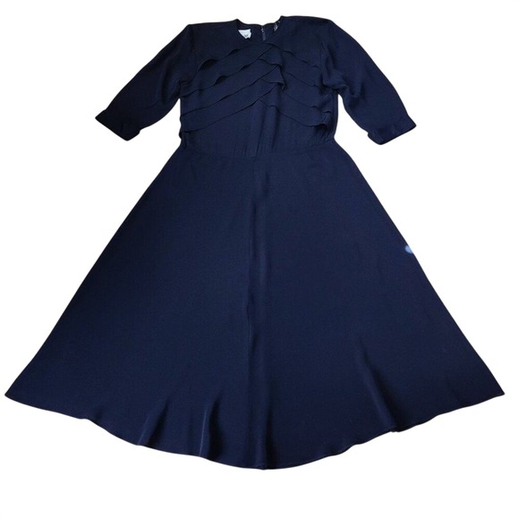 Vintage 80s Black Rayon Crepe Dress Midi Art Deco Scalloped Bust Whimsigoth M 10 - Picture 2 of 6